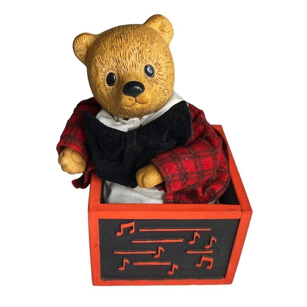 Vintage Dept 56 Enesco Musical Teddy Bear Jack In The Box Plaid Jacket Figurine